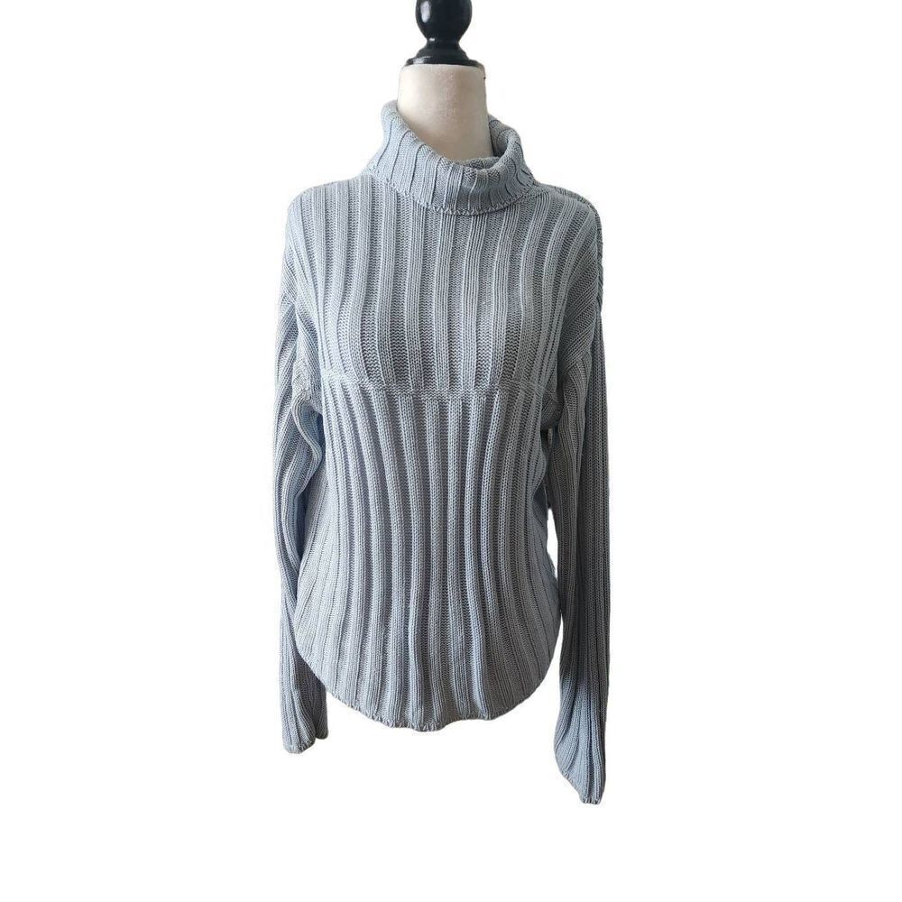 Vintage Y2K 90s Ice Blue Turtleneck Sweater Chunky Long Sleeve Cableknit XL Cowl